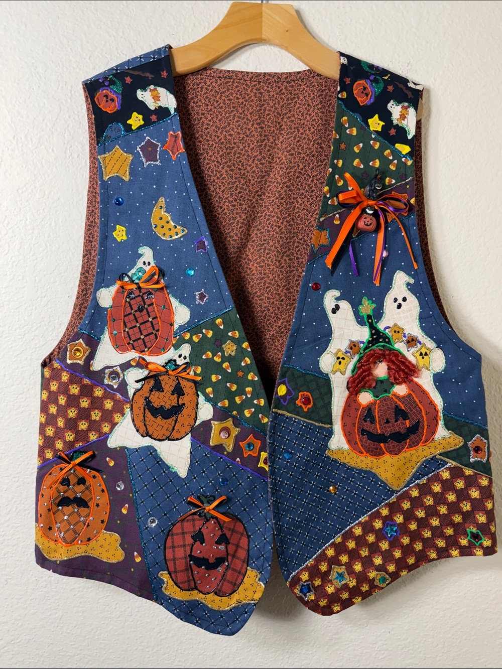 VTG 90s Handmade Halloween Patchwork Vest Large Witches Ghosts Whimsygoth Coquet